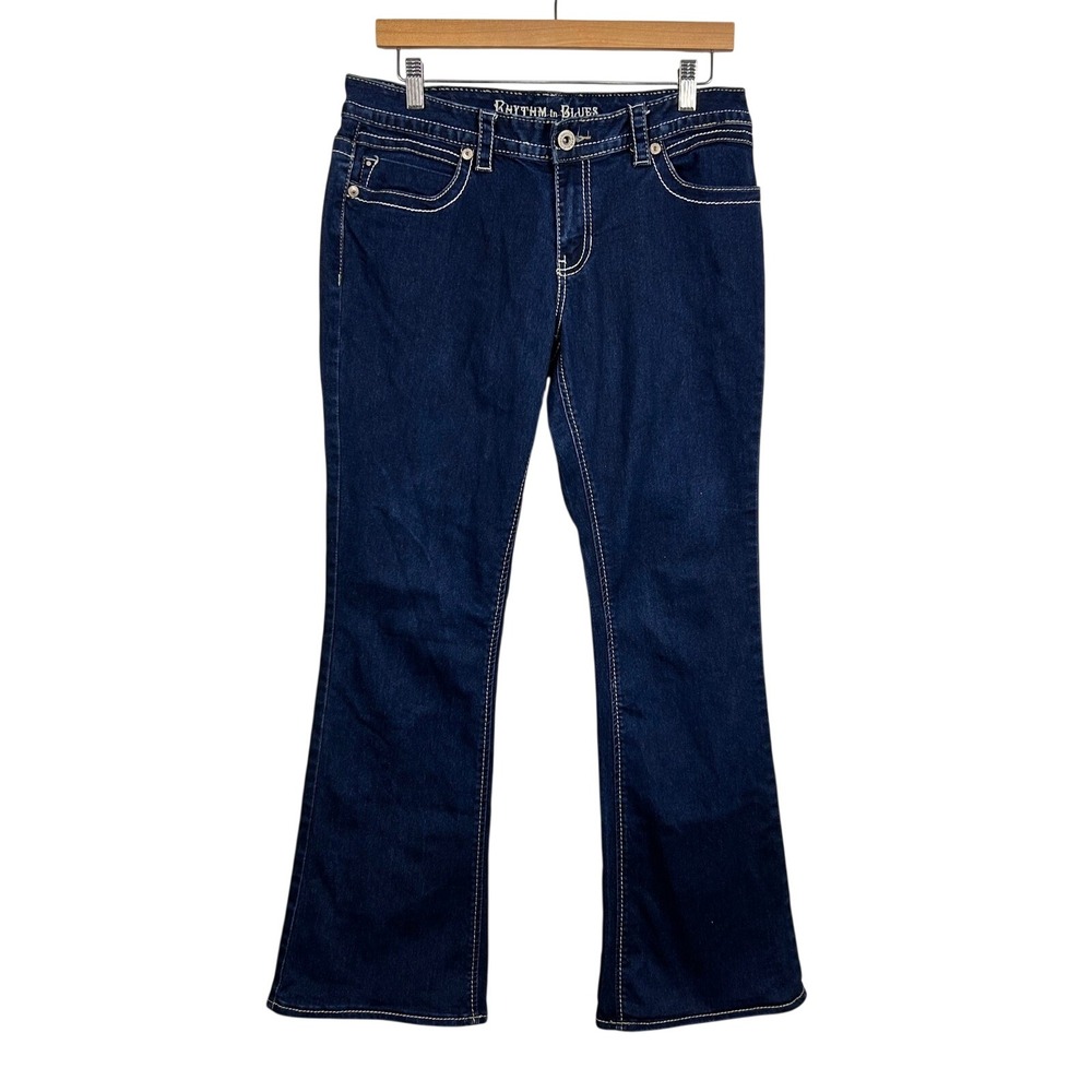Rhythm In Blues Bootcut Jeans Womens 8 Short Dark Wash‎ Contrast Stitch Denim